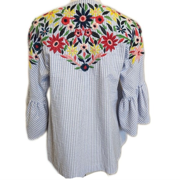 Zara Basic Collection blue & white striped seersucker zip jacket, embroidered S - Picture 3 of 9